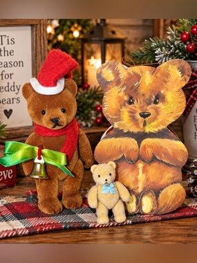 Vintage B Shackman Teddy Bear Christmas Set 1990 Flocked Bears Ornament #9139